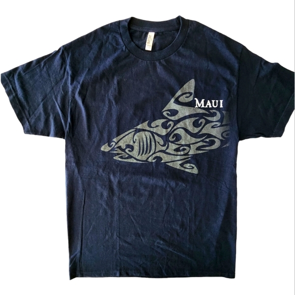 Alstyle Other - Maui Graphic Shark Print T-shirt  Navy Blue Grey Large